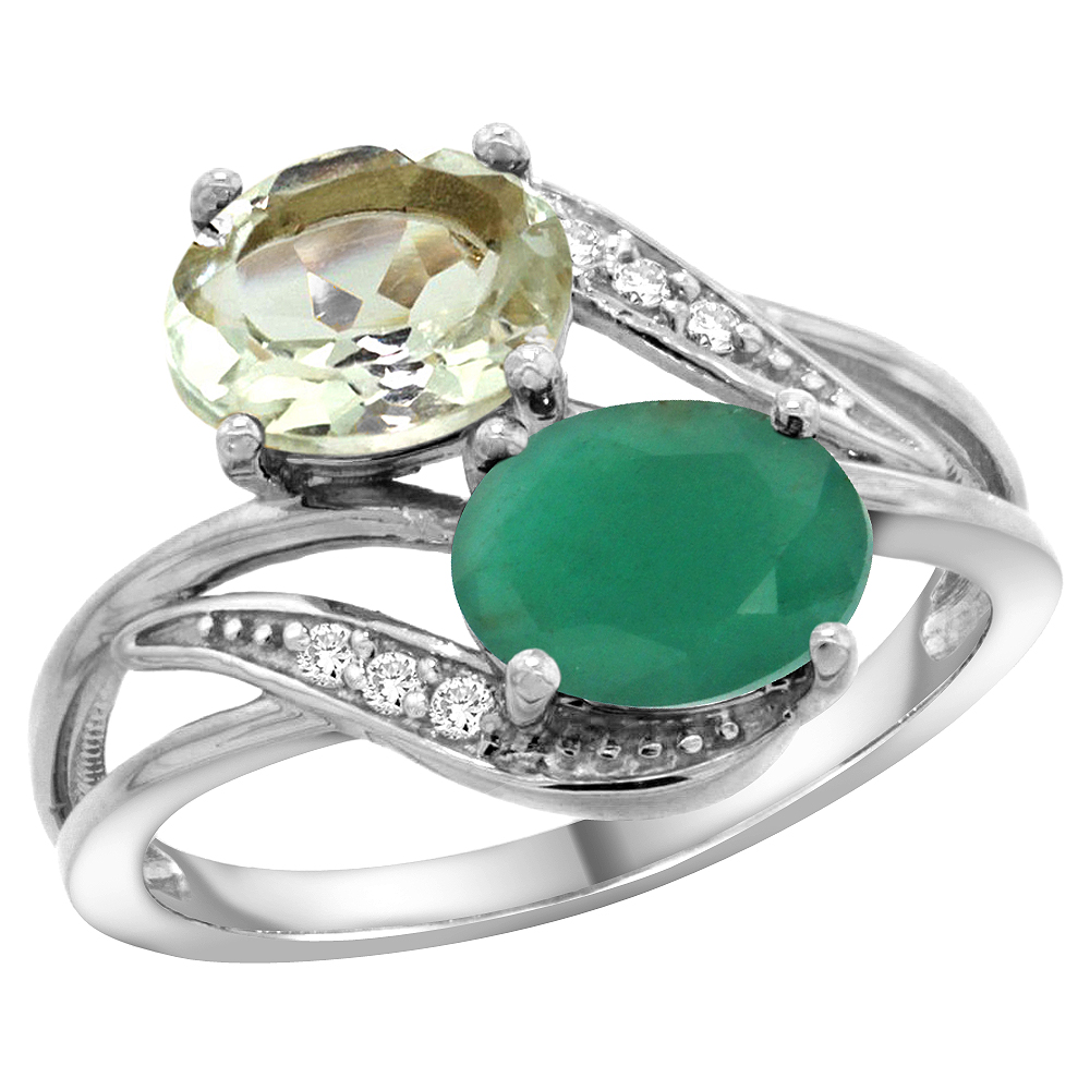 10K White Gold Diamond Natural Green Amethyst Emerald 2-stone Mothers Ring Oval 8x6mm size 5 - 10
