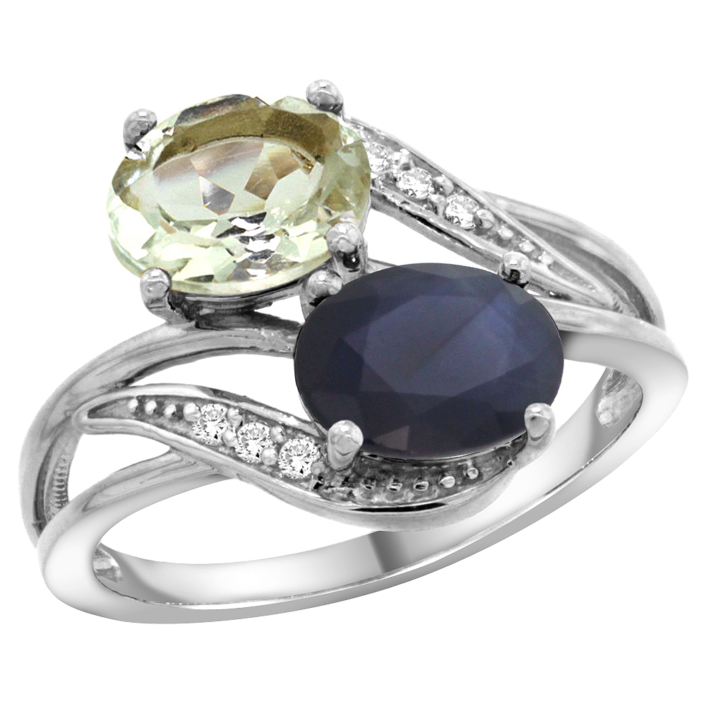 10K White Gold Diamond Natural Green Amethyst Blue Sapphire 2-stone Ring Oval 8x6mm size 5-10