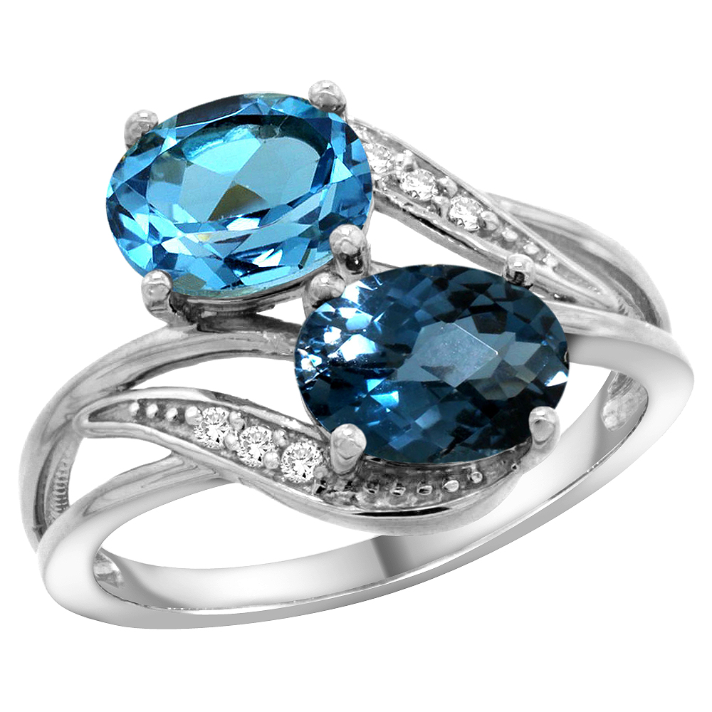 10K White Gold Diamond Natural Swiss & London Blue Topaz 2-stone Ring Oval 8x6mm, sizes 5 - 10