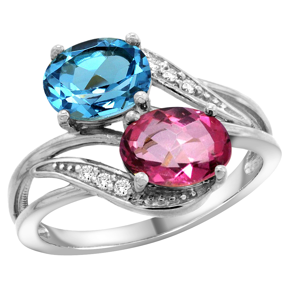 10K White Gold Diamond Natural Swiss Blue & Pink Topaz 2-stone Ring Oval 8x6mm, sizes 5 - 10