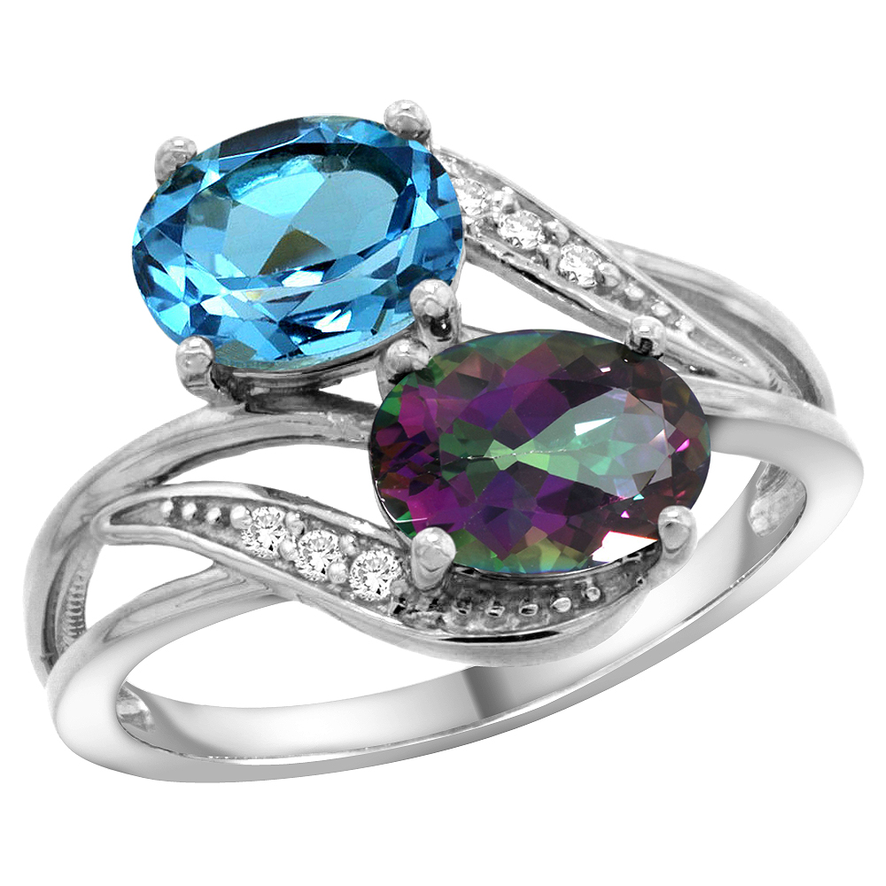 10K White Gold Diamond Natural Swiss Blue & Mystic Topaz 2-stone Ring Oval 8x6mm, sizes 5 - 10