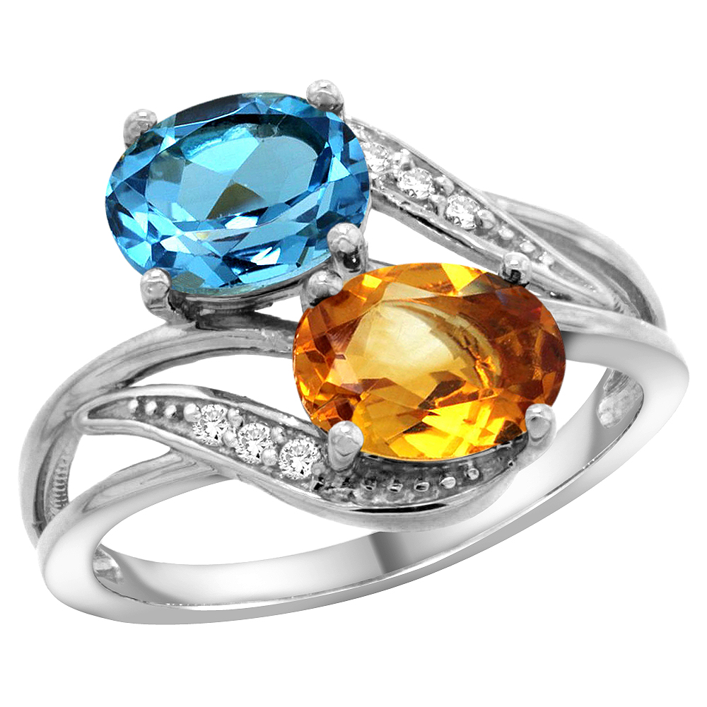 10K White Gold Diamond Natural Swiss Blue Topaz & Citrine 2-stone Ring Oval 8x6mm, sizes 5 - 10