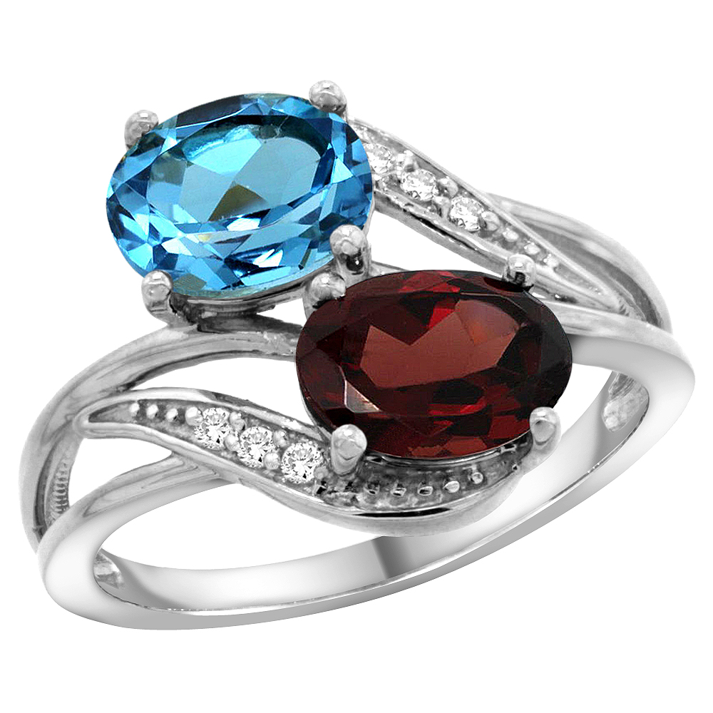 10K White Gold Diamond Natural Swiss Blue Topaz & Garnet 2-stone Ring Oval 8x6mm, sizes 5 - 10