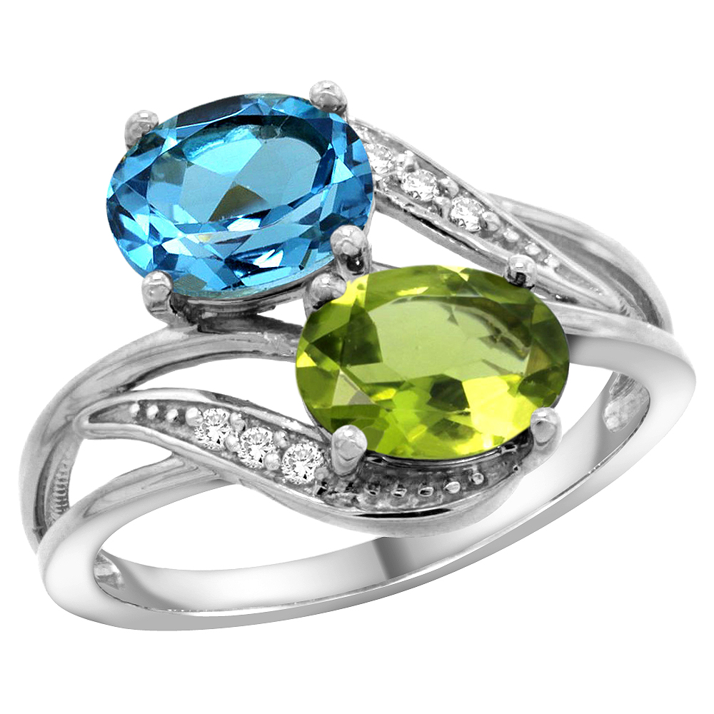 10K White Gold Diamond Natural Swiss Blue Topaz & Peridot 2-stone Ring Oval 8x6mm, sizes 5 - 10