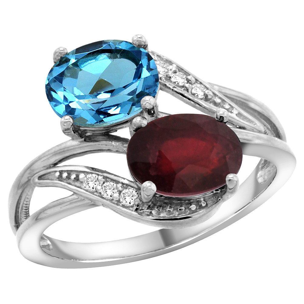 10K White Gold Diamond Natural Swiss Blue Topaz Ruby 2-stone Mothers Ring Oval 8x6mm size 5 - 10