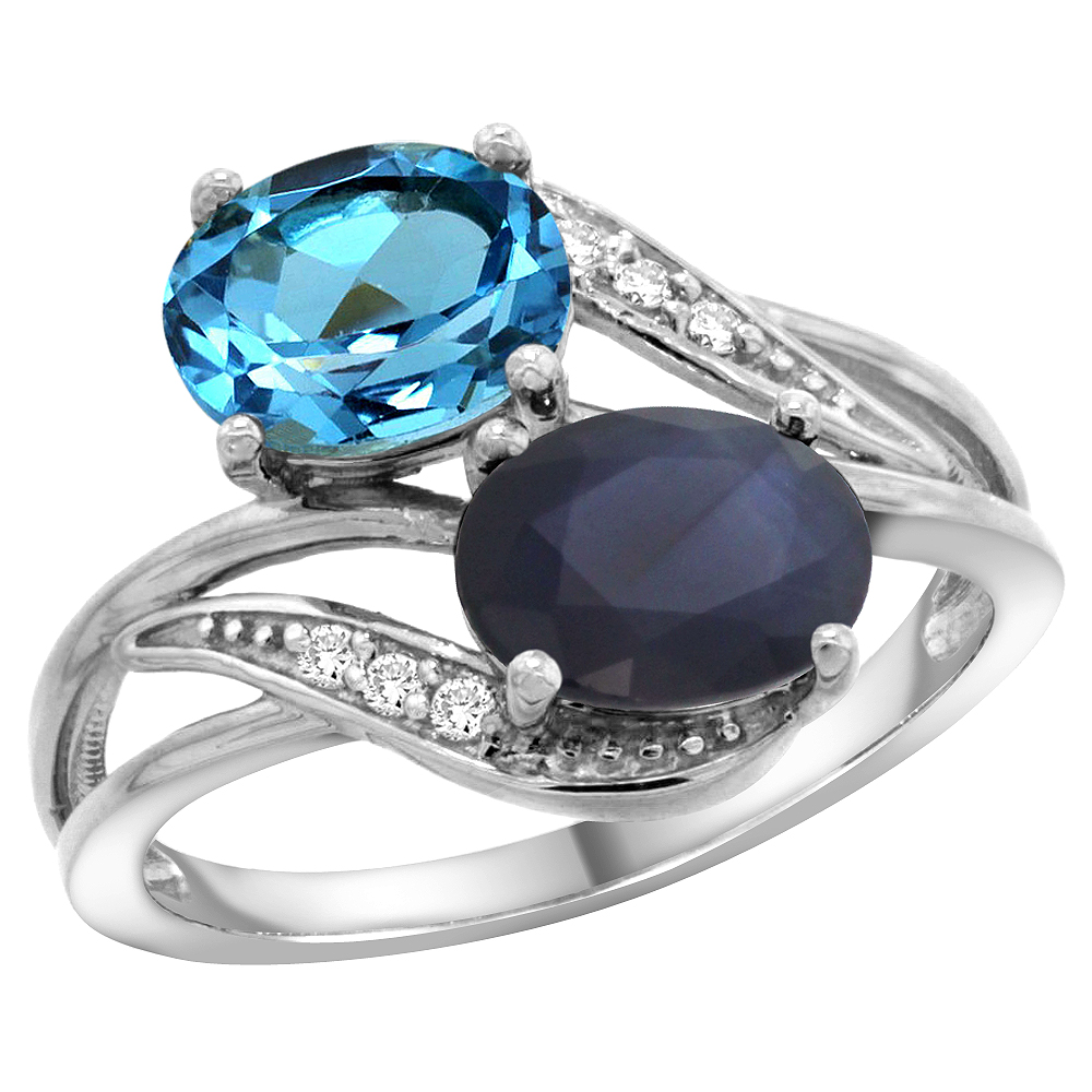 10K White Gold Diamond Natural Swiss Blue Topaz Blue Sapphire 2-stone Ring Oval 8x6mm size 5 - 10