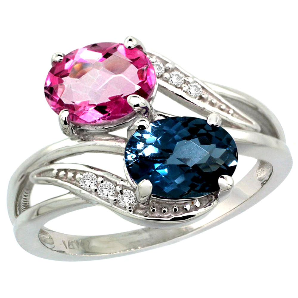 10K White Gold Diamond Natural London Blue & Pink Topaz 2-stone Ring Oval 8x6mm, sizes 5 - 10