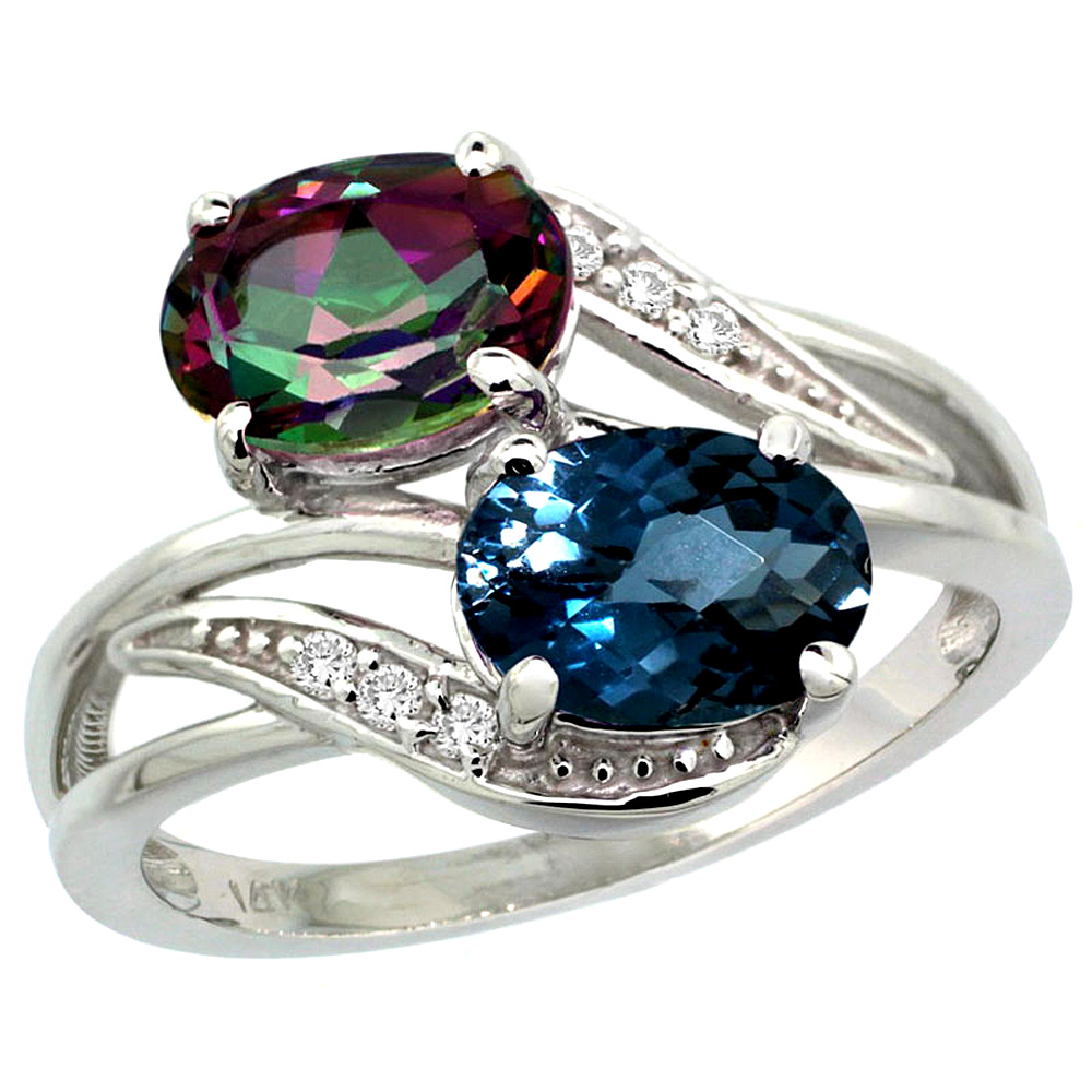 10K White Gold Diamond Natural London Blue & Mystic Topaz 2-stone Ring Oval 8x6mm, sizes 5 - 10