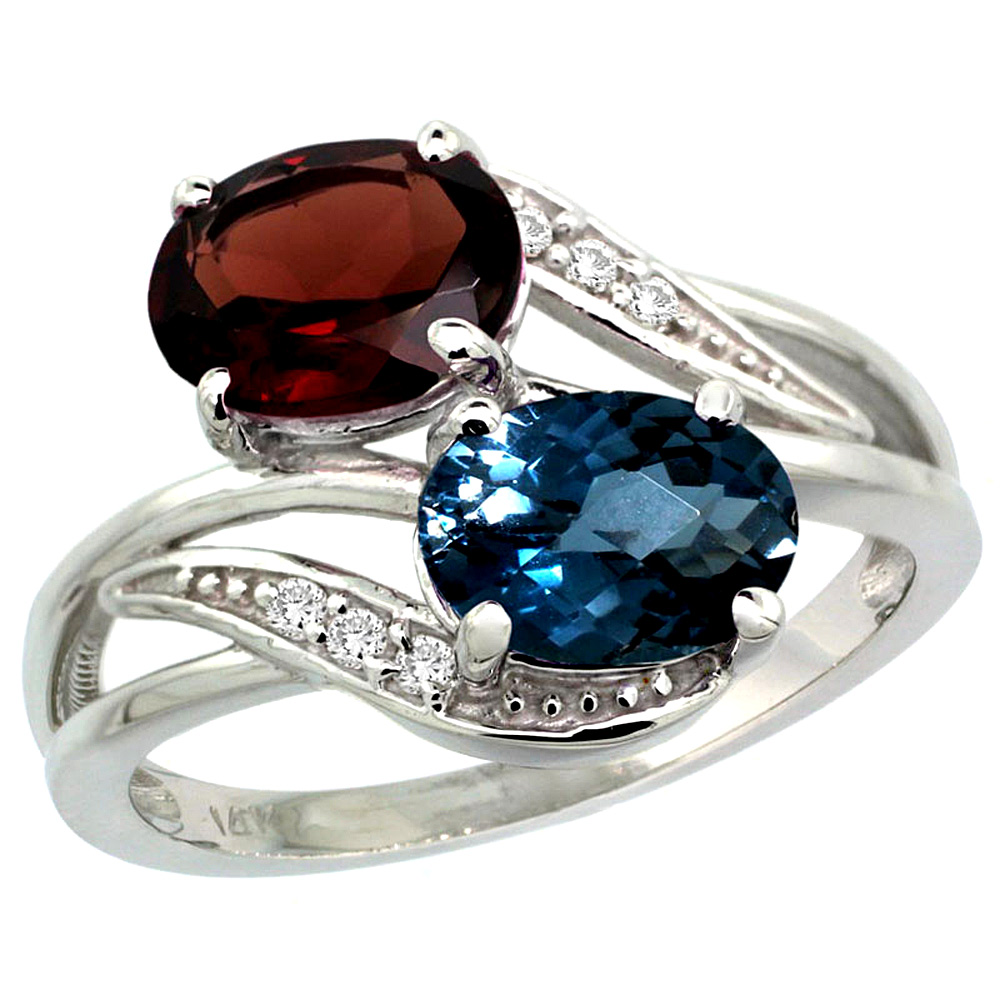 10K White Gold Diamond Natural London Blue Topaz & Garnet 2-stone Ring Oval 8x6mm, sizes 5 - 10