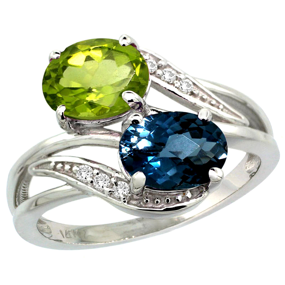 10K White Gold Diamond Natural London Blue Topaz & Peridot 2-stone Ring Oval 8x6mm, sizes 5 - 10
