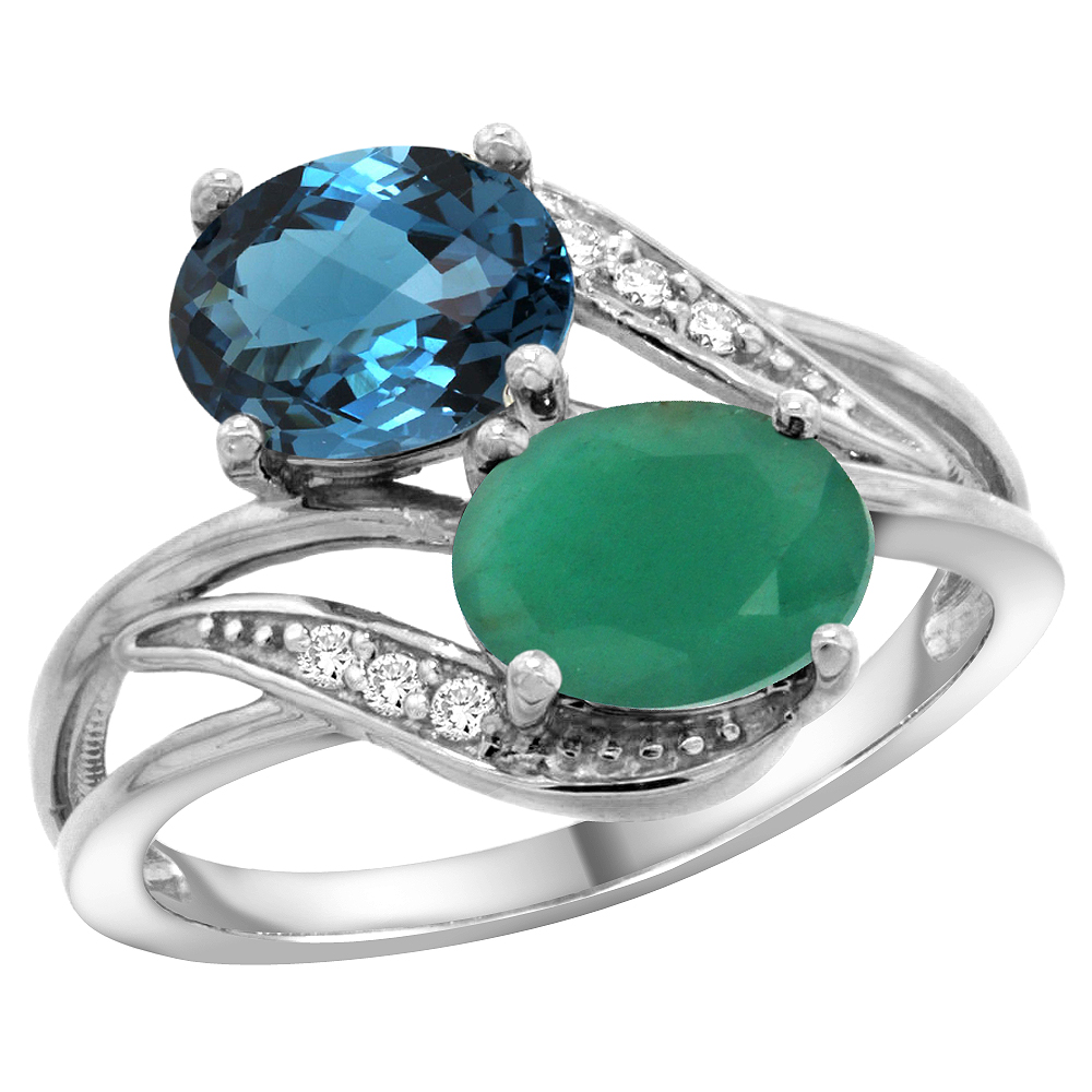 10K White Gold Diamond Natural London Blue Topaz Emerald 2-stone Mothers Ring Oval 8x6mm size 5 - 10