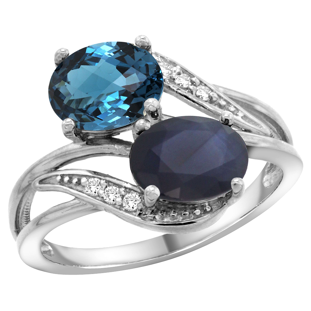 10K White Gold Diamond Natural London Blue Topaz Blue Sapphire 2-stone Ring Oval 8x6mm size 5 - 10