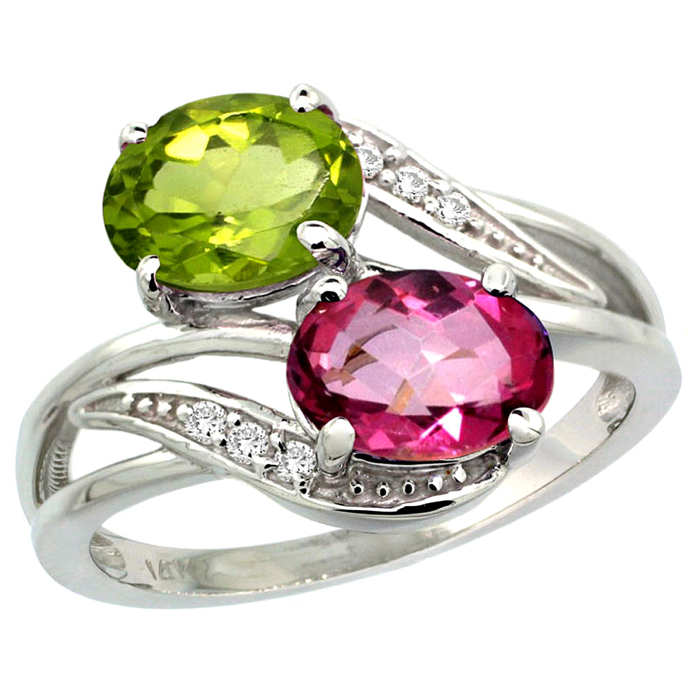 10K White Gold Diamond Natural Pink Topaz & Peridot 2-stone Ring Oval 8x6mm, sizes 5 - 10