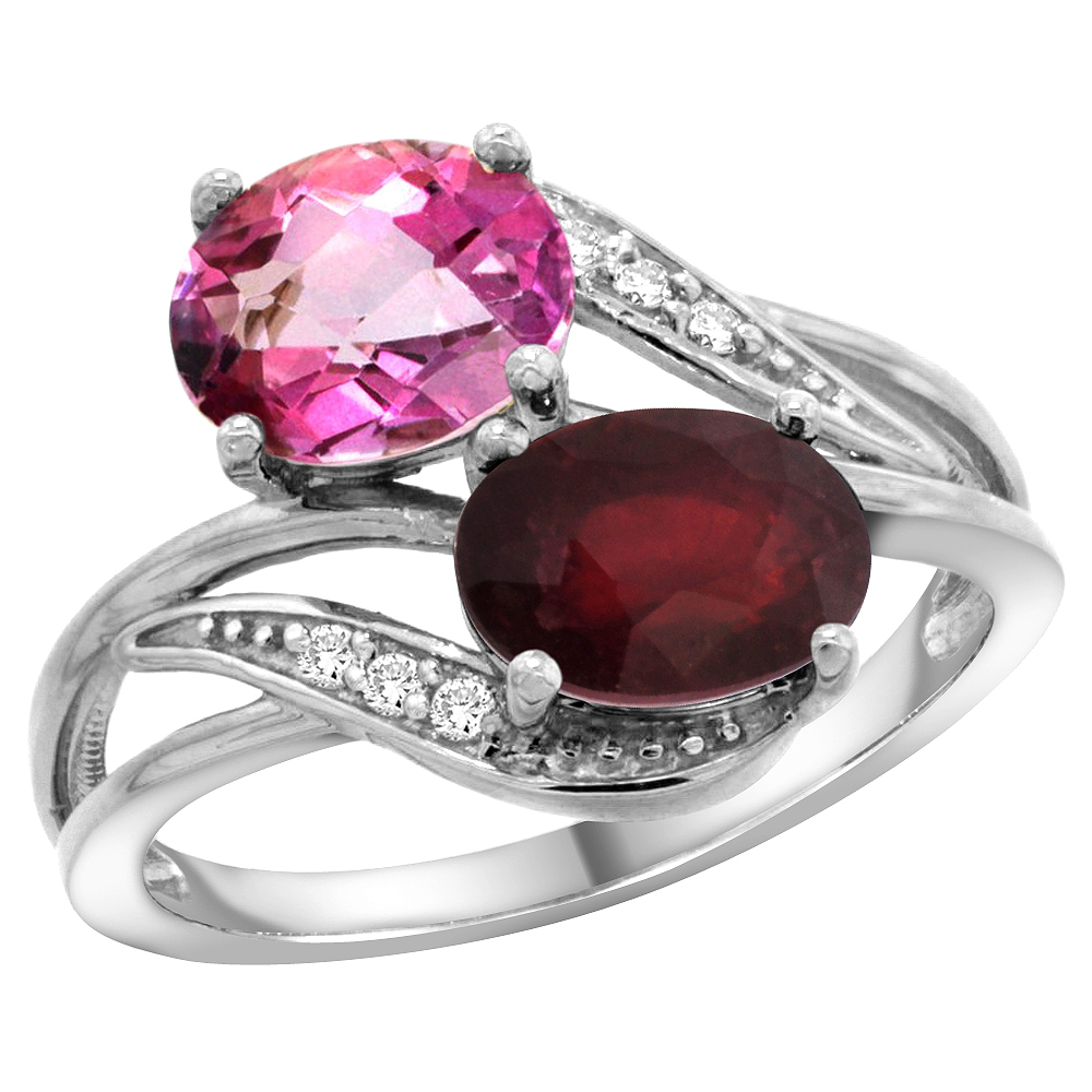 10K White Gold Diamond Natural Pink Topaz Ruby 2-stone Mothers Ring Oval 8x6mm size 5 - 10