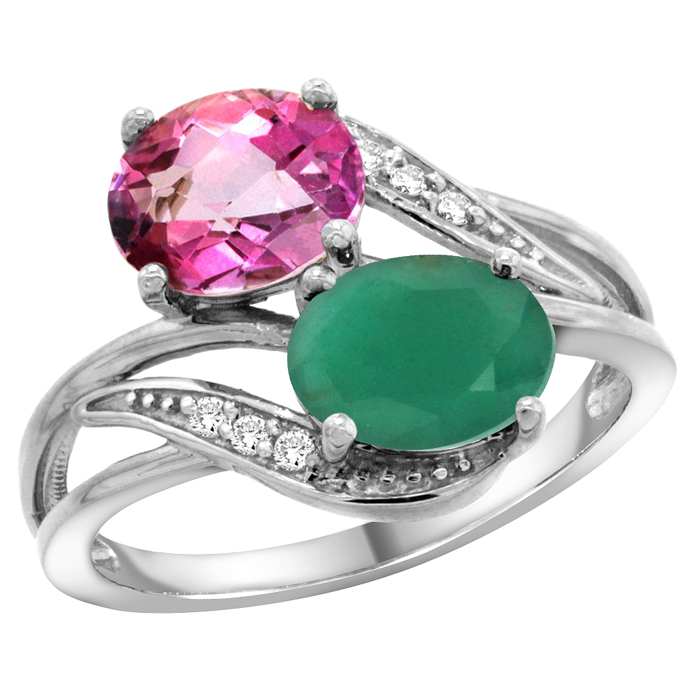 10K White Gold Diamond Natural Pink Topaz Emerald 2-stone Mothers Ring Oval 8x6mm size 5 - 10