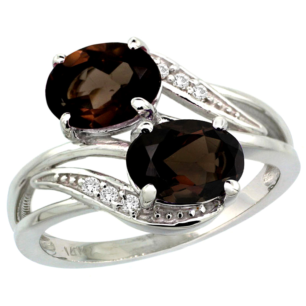 10K White Gold Diamond Natural Smoky Topaz 2-stone Ring Oval 8x6mm, sizes 5 - 10