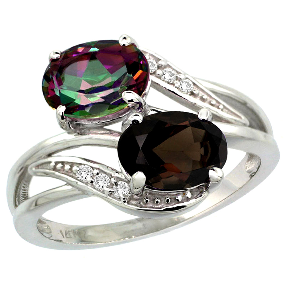10K White Gold Diamond Natural Smoky & Mystic Topaz 2-stone Ring Oval 8x6mm, sizes 5 - 10