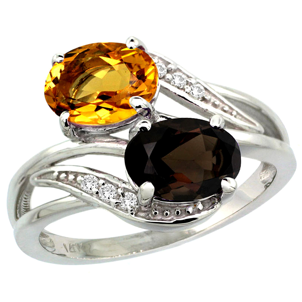 10K White Gold Diamond Natural Smoky Topaz & Citrine 2-stone Ring Oval 8x6mm, sizes 5 - 10