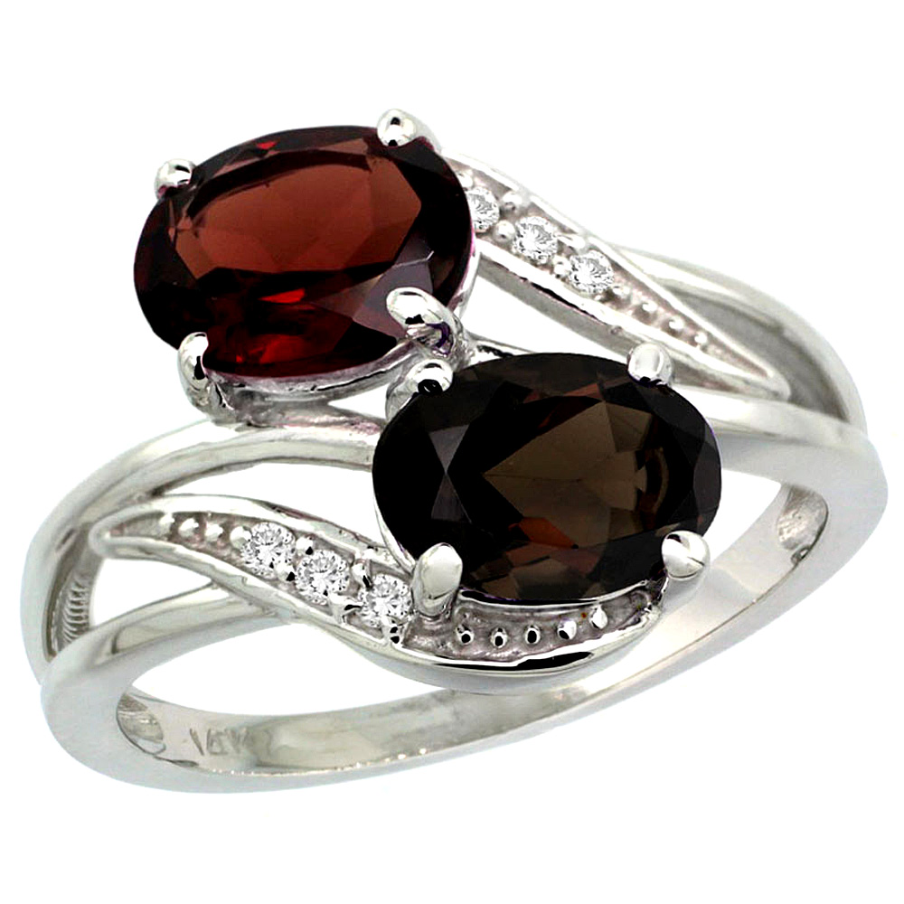10K White Gold Diamond Natural Smoky Topaz & Garnet 2-stone Ring Oval 8x6mm, sizes 5 - 10