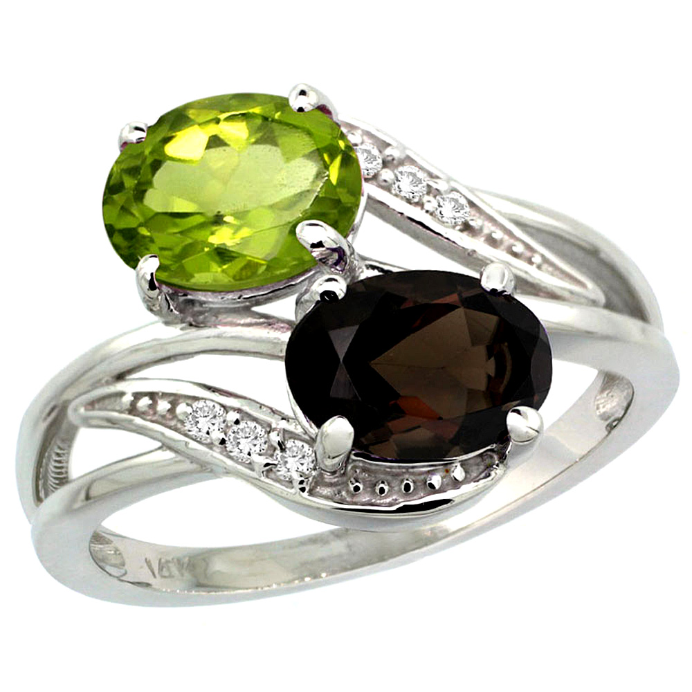 10K White Gold Diamond Natural Smoky Topaz & Peridot 2-stone Ring Oval 8x6mm, sizes 5 - 10
