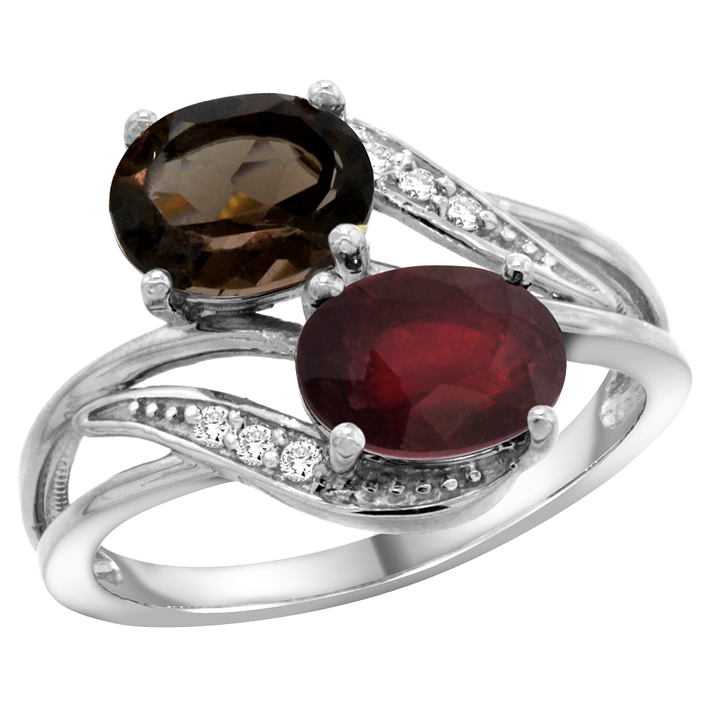 10K White Gold Diamond Natural Smoky Topaz Ruby 2-stone Mothers Ring Oval 8x6mm size 5 - 10