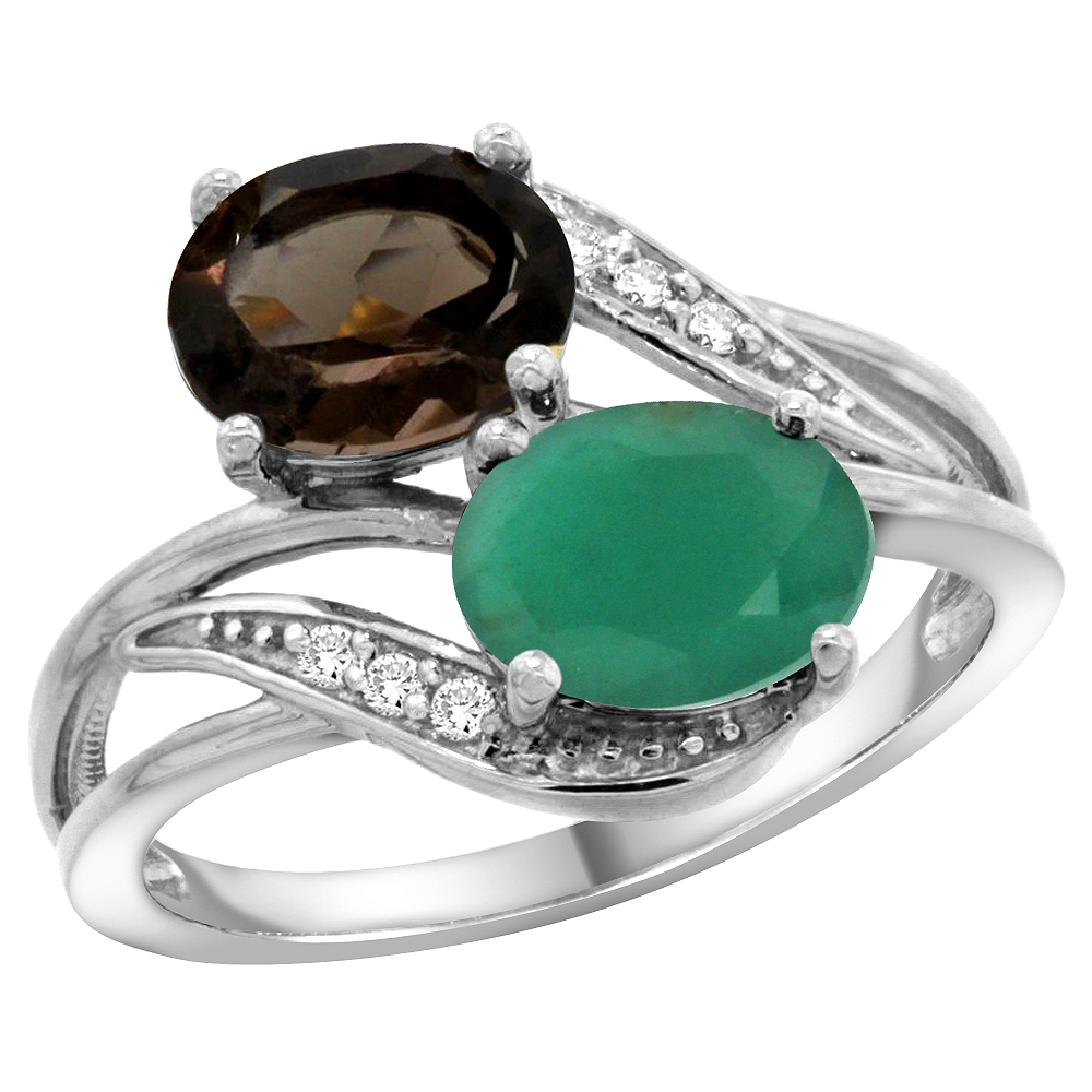 10K White Gold Diamond Natural Smoky Topaz Emerald 2-stone Mothers Ring Oval 8x6mm size 5 - 10