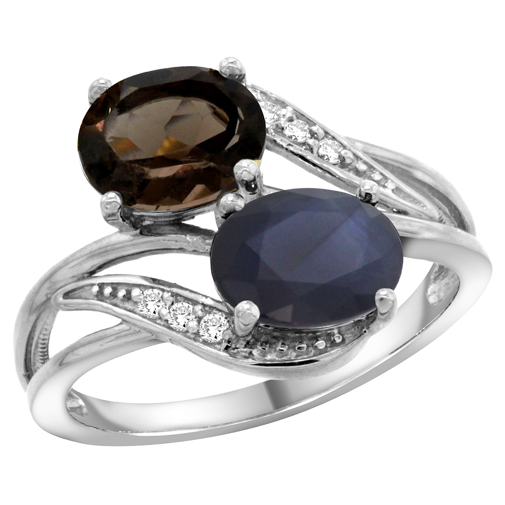 10K White Gold Diamond Natural Smoky Topaz Blue Sapphire 2-stone Mothers Ring Oval 8x6mm size 5 - 10