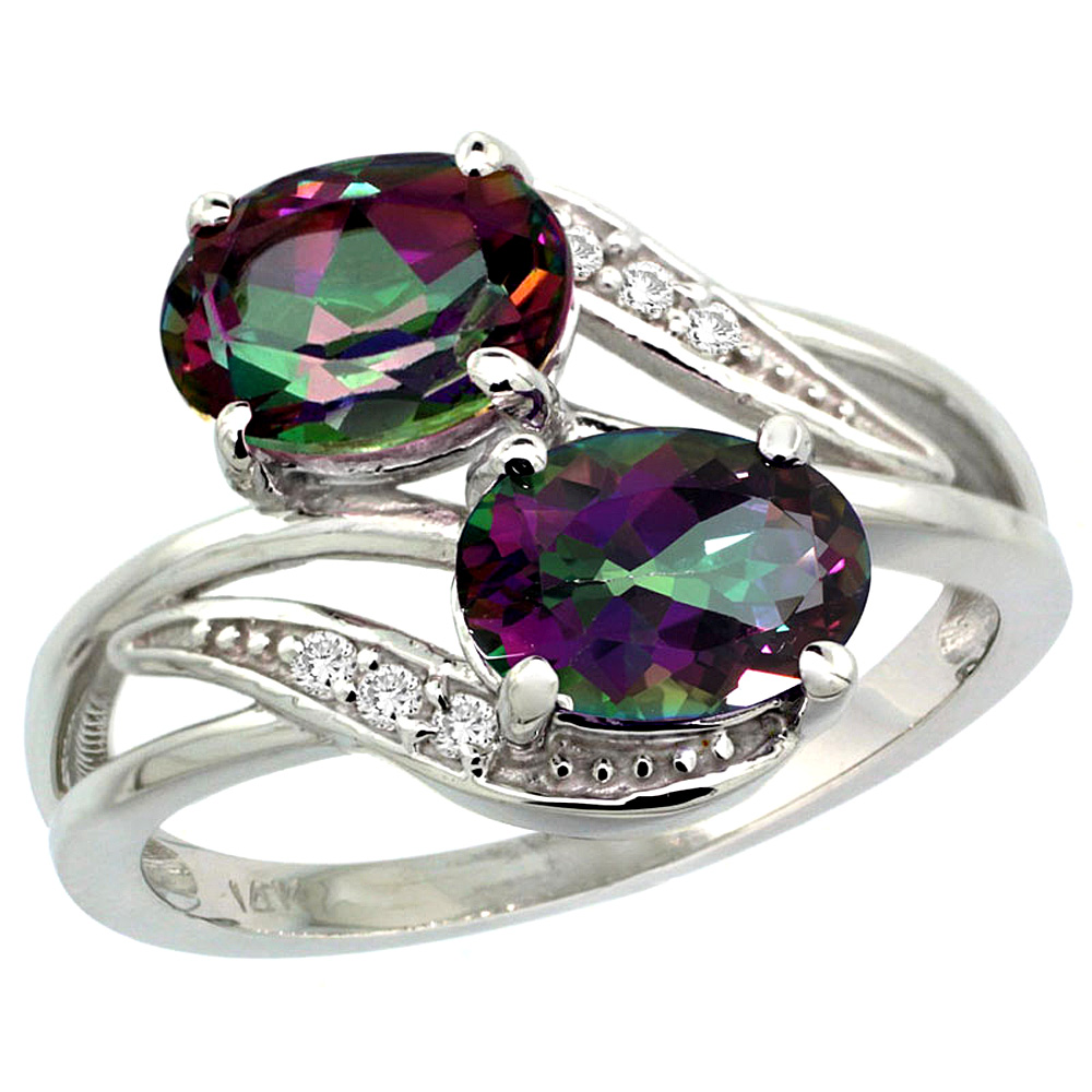 10K White Gold Diamond Natural Mystic Topaz 2-stone Ring Oval 8x6mm, sizes 5 - 10