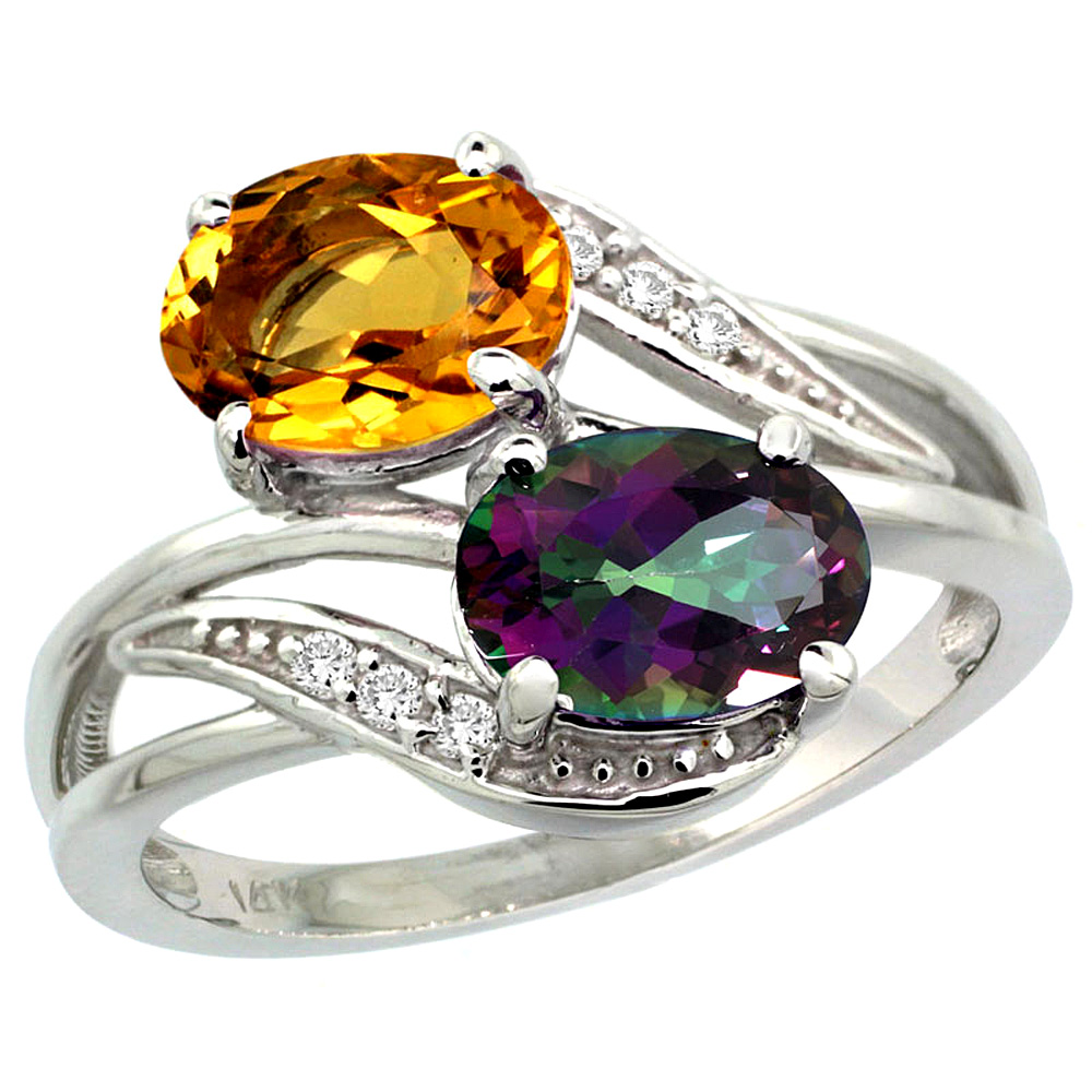 10K White Gold Diamond Natural Mystic Topaz & Citrine 2-stone Ring Oval 8x6mm, sizes 5 - 10