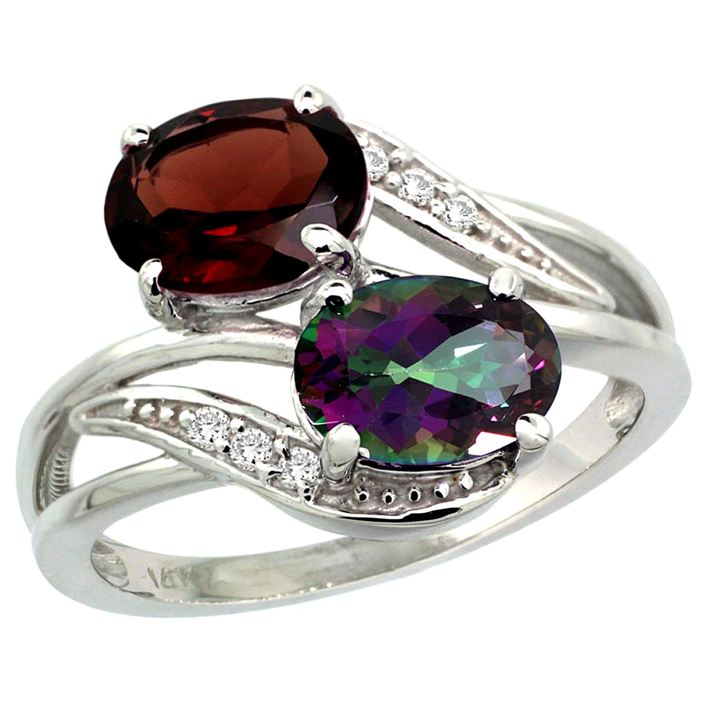 10K White Gold Diamond Natural Mystic Topaz & Garnet 2-stone Ring Oval 8x6mm, sizes 5 - 10