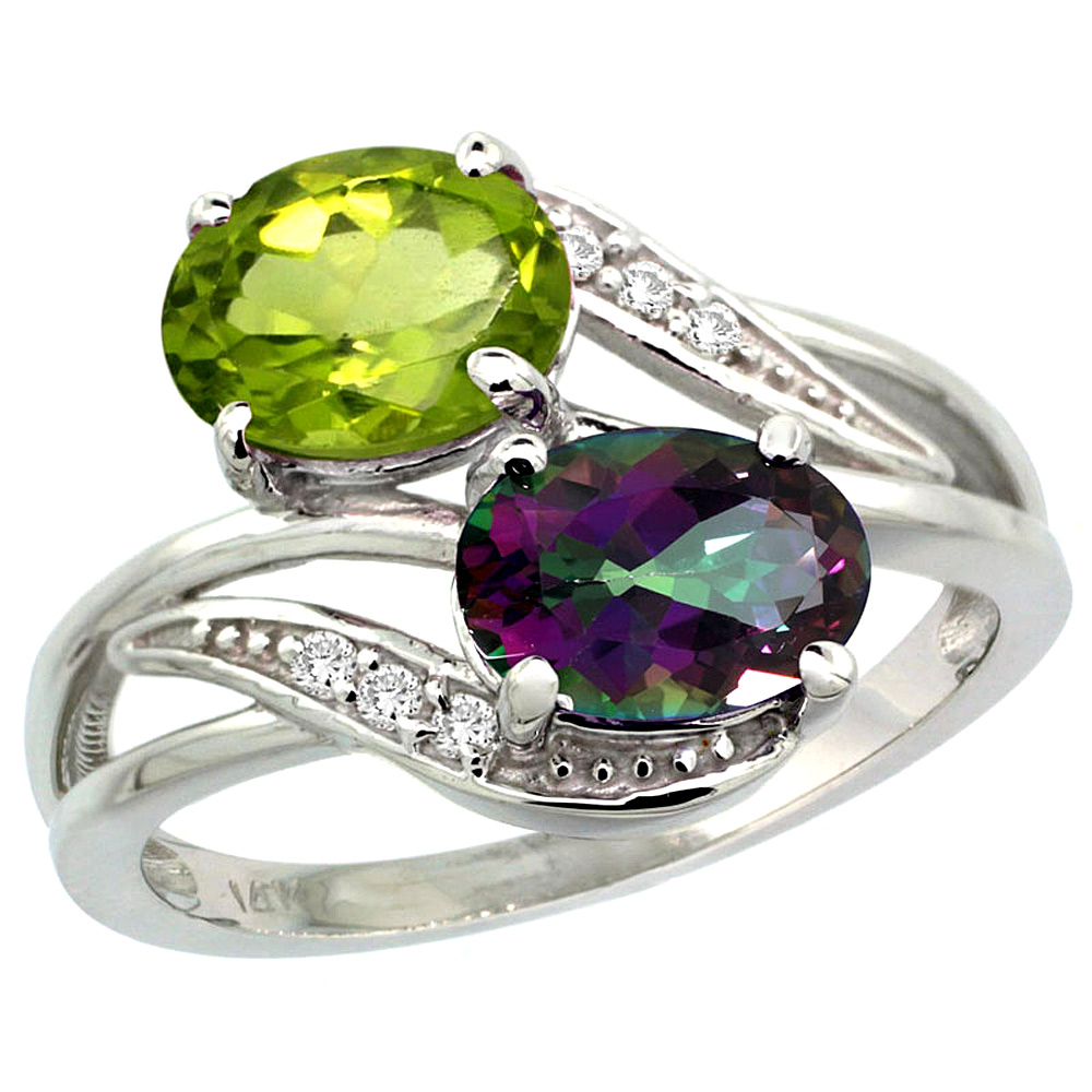 10K White Gold Diamond Natural Mystic Topaz & Peridot 2-stone Ring Oval 8x6mm, sizes 5 - 10