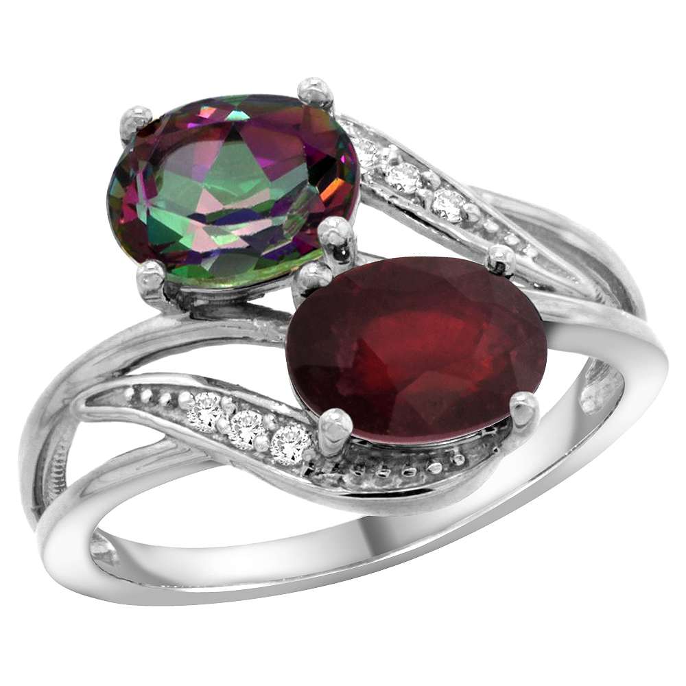 10K White Gold Diamond Natural Mystic Topaz Ruby 2-stone Mothers Ring Oval 8x6mm size 5 - 10