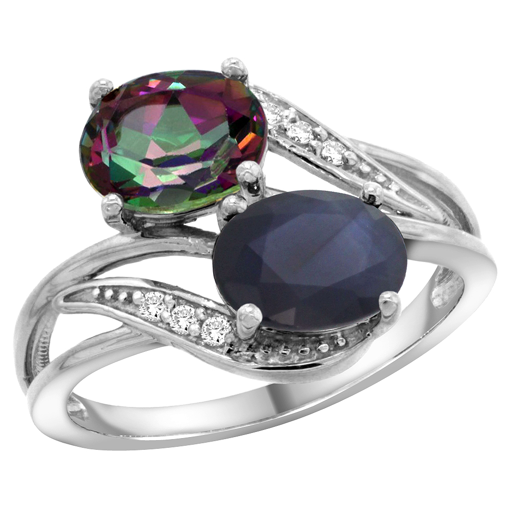 10K White Gold Diamond Natural Mystic Topaz Blue Sapphire 2-stone Mothers Ring Oval 8x6mm size 5-10