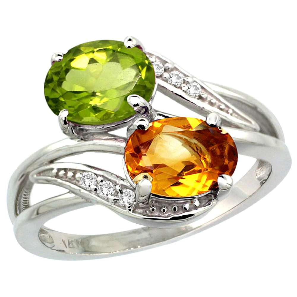 10K White Gold Diamond Natural Citrine & Peridot 2-stone Ring Oval 8x6mm, sizes 5 - 10