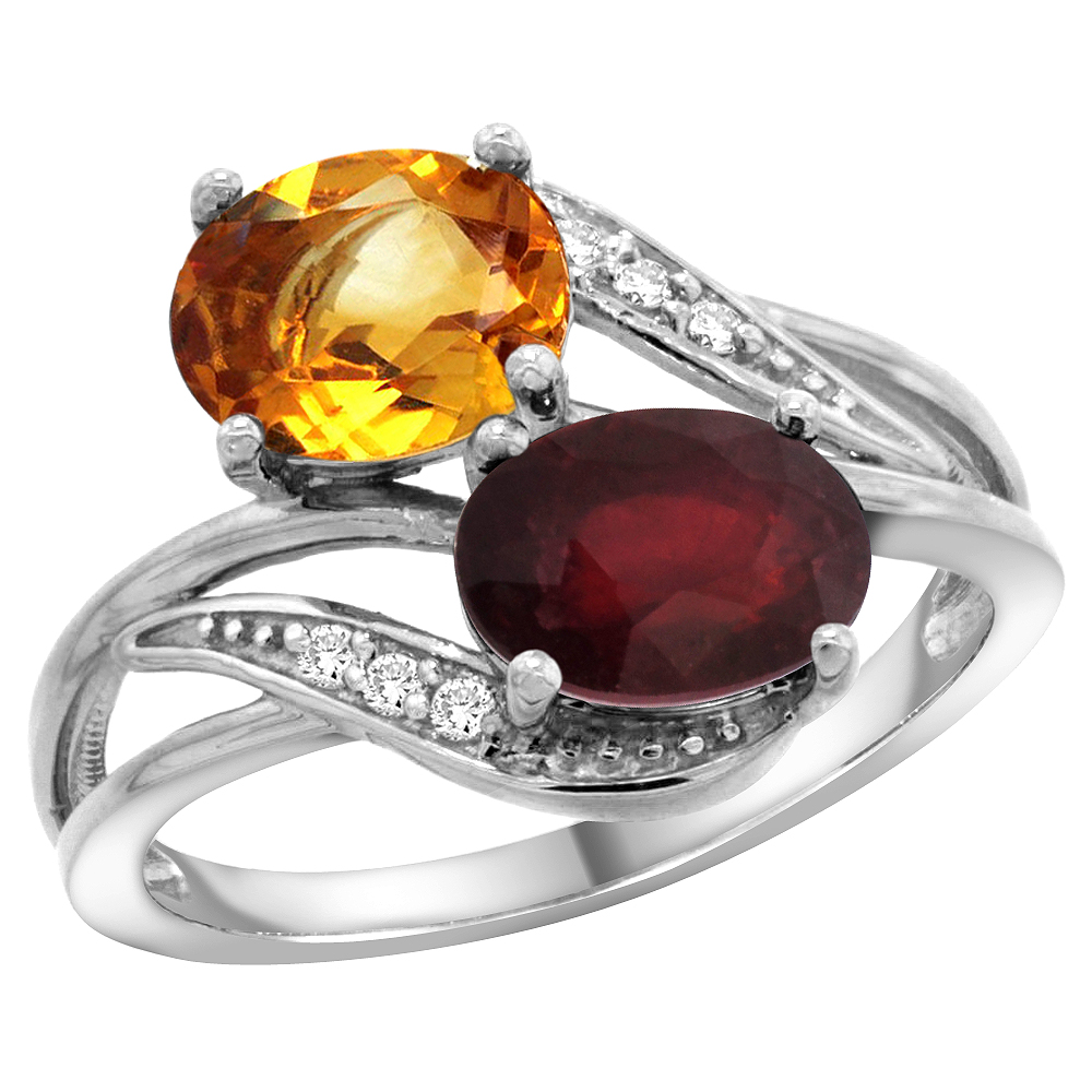 10K White Gold Diamond Natural Citrine Ruby 2-stone Mothers Ring Oval 8x6mm size 5 - 10