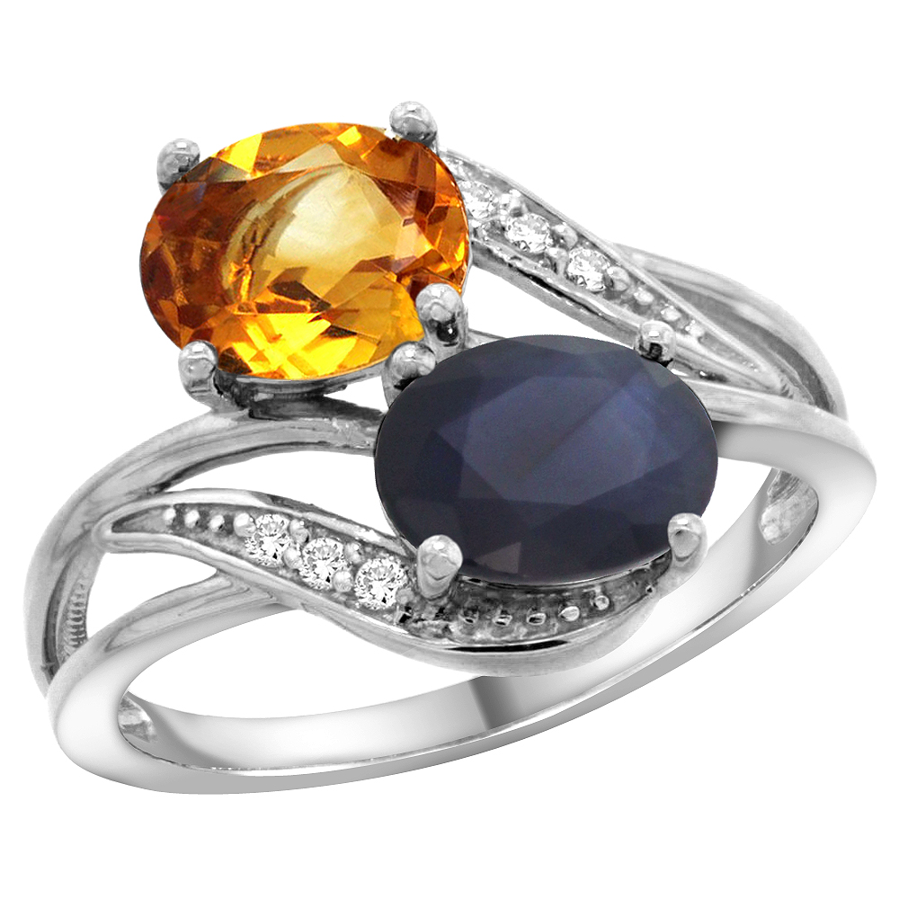 10K White Gold Diamond Natural Citrine Blue Sapphire 2-stone Mothers Ring Oval 8x6mm size 5 - 10