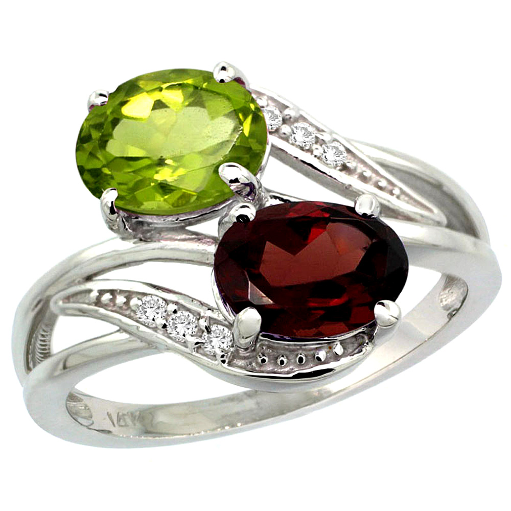 10K White Gold Diamond Natural Garnet & Peridot 2-stone Ring Oval 8x6mm, sizes 5 - 10