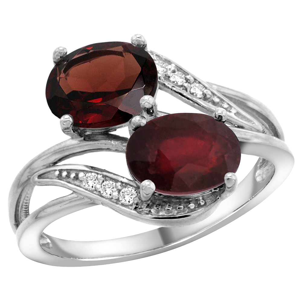 10K White Gold Diamond Natural Garnet Ruby 2-stone Mothers Ring Oval 8x6mm size 5 - 10