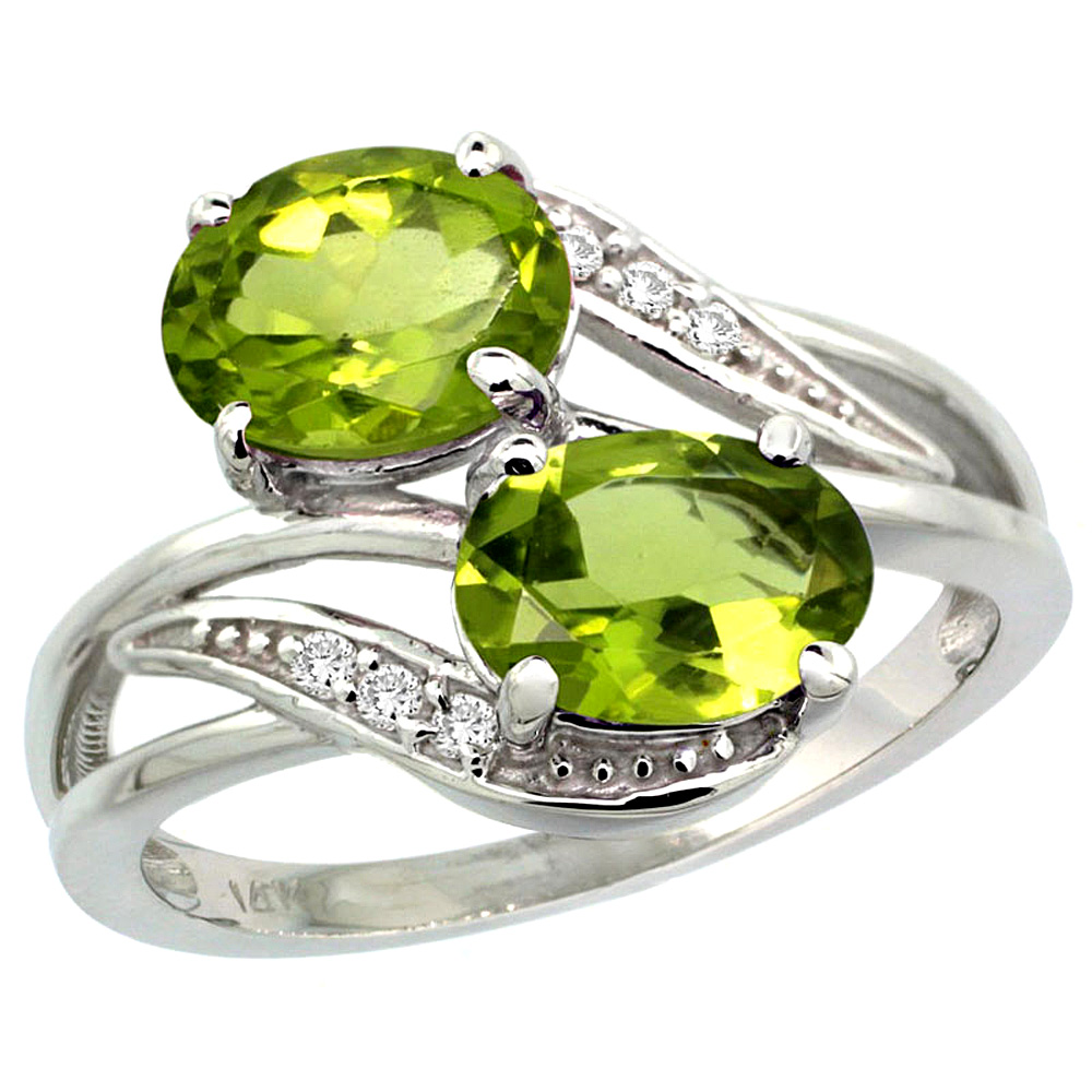 10K White Gold Diamond Natural Peridot 2-stone Ring Oval 8x6mm, sizes 5 - 10