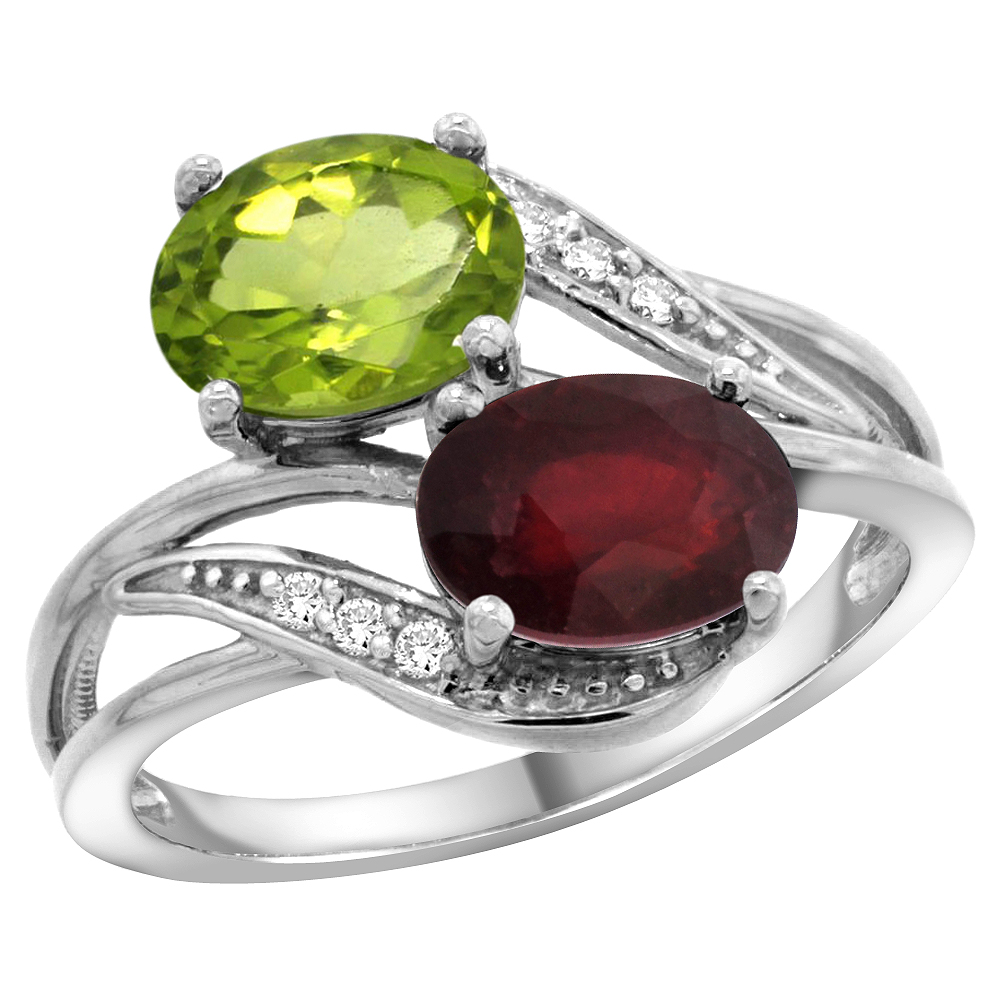 10K White Gold Diamond Natural Peridot Ruby 2-stone Mothers Ring Oval 8x6mm size 5 - 10