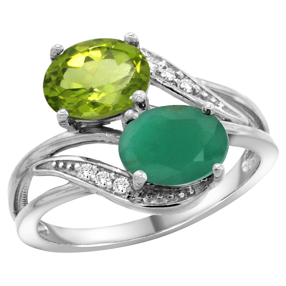 10K White Gold Diamond Natural Peridot Emerald 2-stone Mothers Ring Oval 8x6mm size 5 - 10