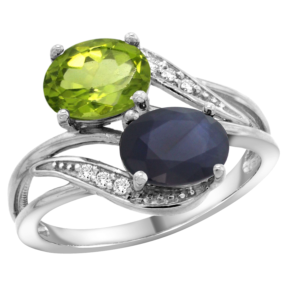 10K White Gold Diamond Natural Peridot Blue Sapphire 2-stone Mothers Ring Oval 8x6mm size 5 - 10