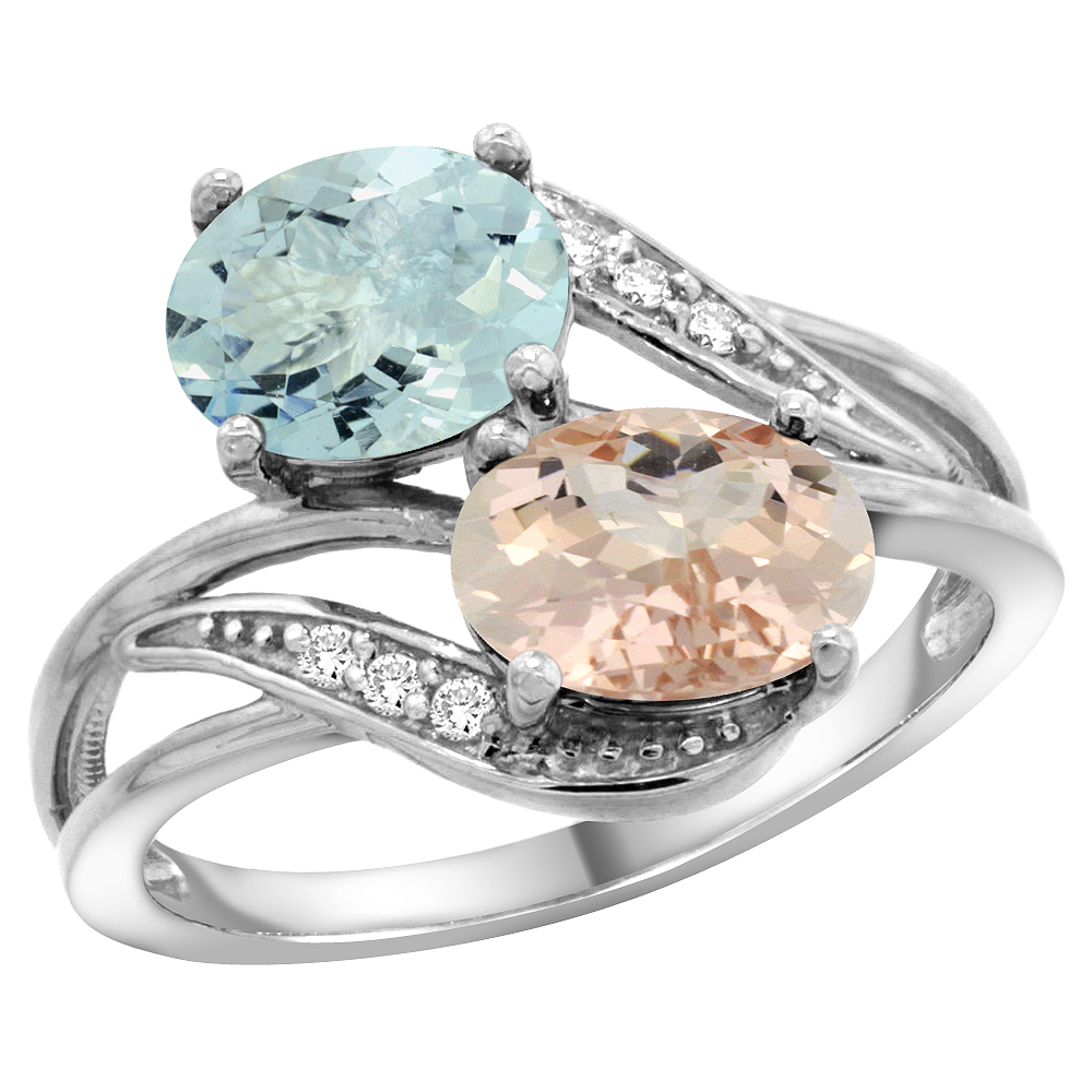 10K White Gold Diamond Natural Aquamarine & Morganite 2-stone Ring Oval 8x6mm, sizes 5 - 10