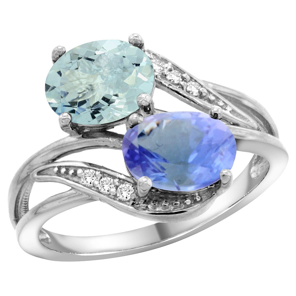 10K White Gold Diamond Natural Aquamarine & Tanzanite 2-stone Ring Oval 8x6mm, sizes 5 - 10