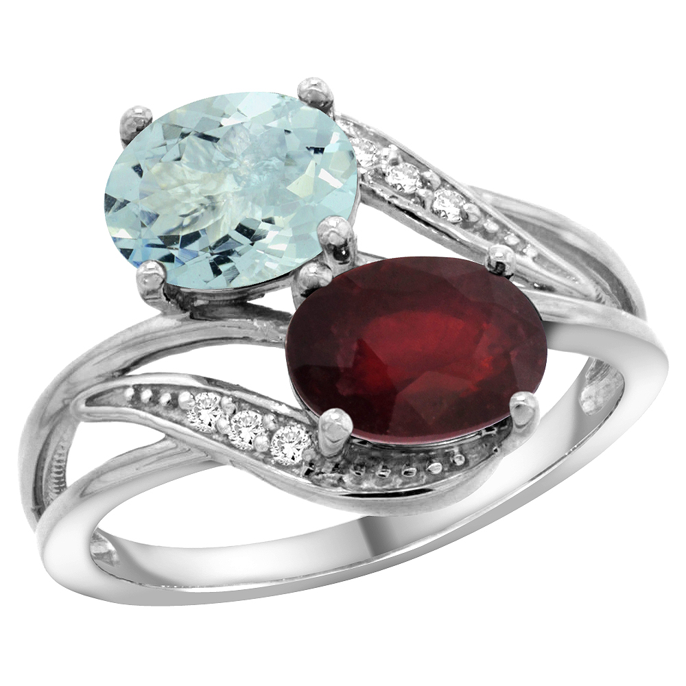 10K White Gold Diamond Natural Aquamarine Ruby 2-stone Mothers Ring Oval 8x6mm size 5 - 10