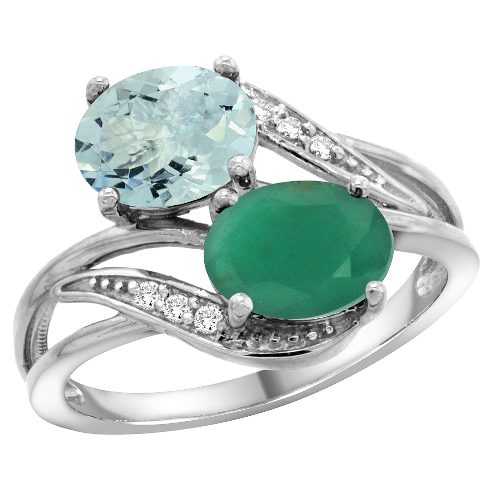 10K White Gold Diamond Natural Aquamarine Emerald 2-stone Mothers Ring Oval 8x6mm size 5 - 10