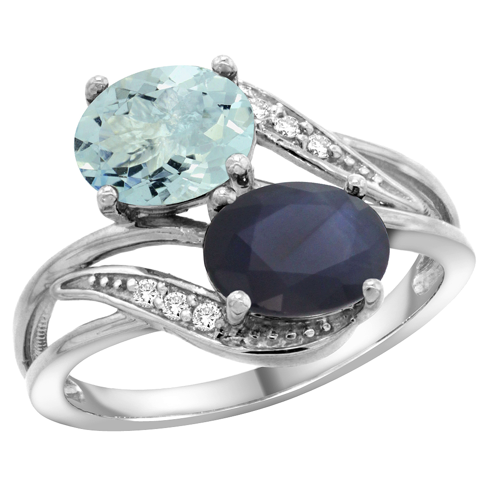 10K White Gold Diamond Natural Aquamarine Blue Sapphire 2-stone Mothers Ring Oval 8x6mm size 5-10