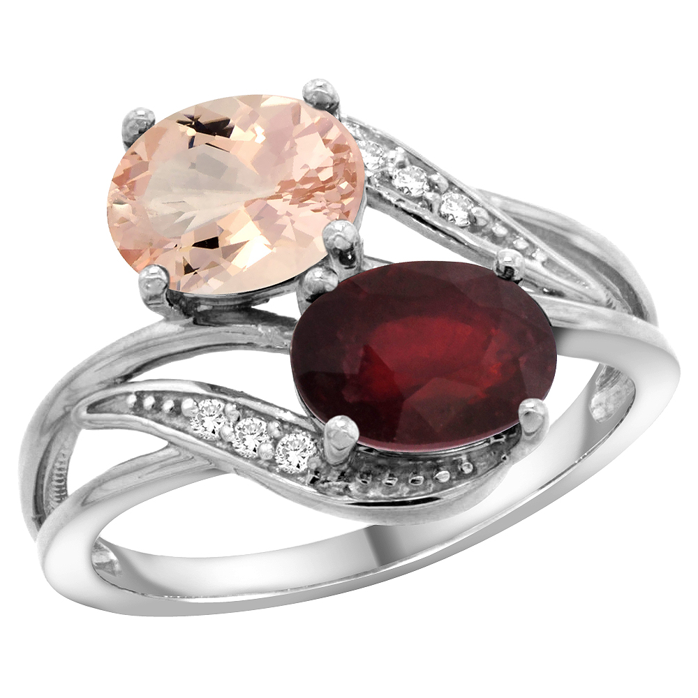 10K White Gold Diamond Natural Morganite Ruby 2-stone Mothers Ring Oval 8x6mm size 5 - 10