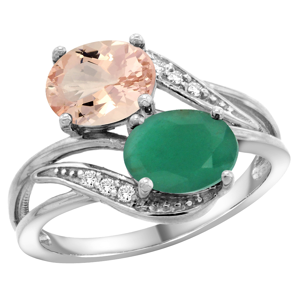 10K White Gold Diamond Natural Morganite Emerald 2-stone Mothers Ring Oval 8x6mm size 5 - 10