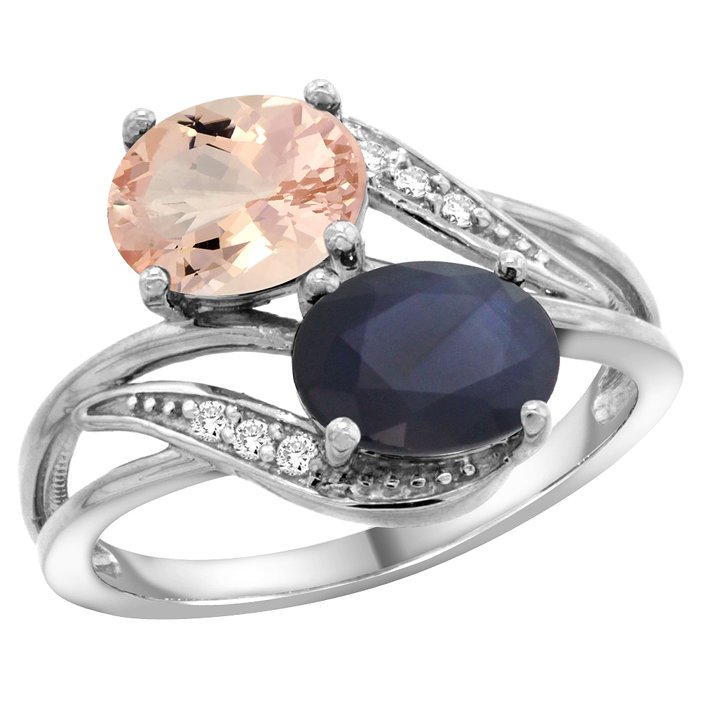 10K White Gold Diamond Natural Morganite Blue Sapphire 2-stone Mothers Ring Oval 8x6mm size 5 - 10